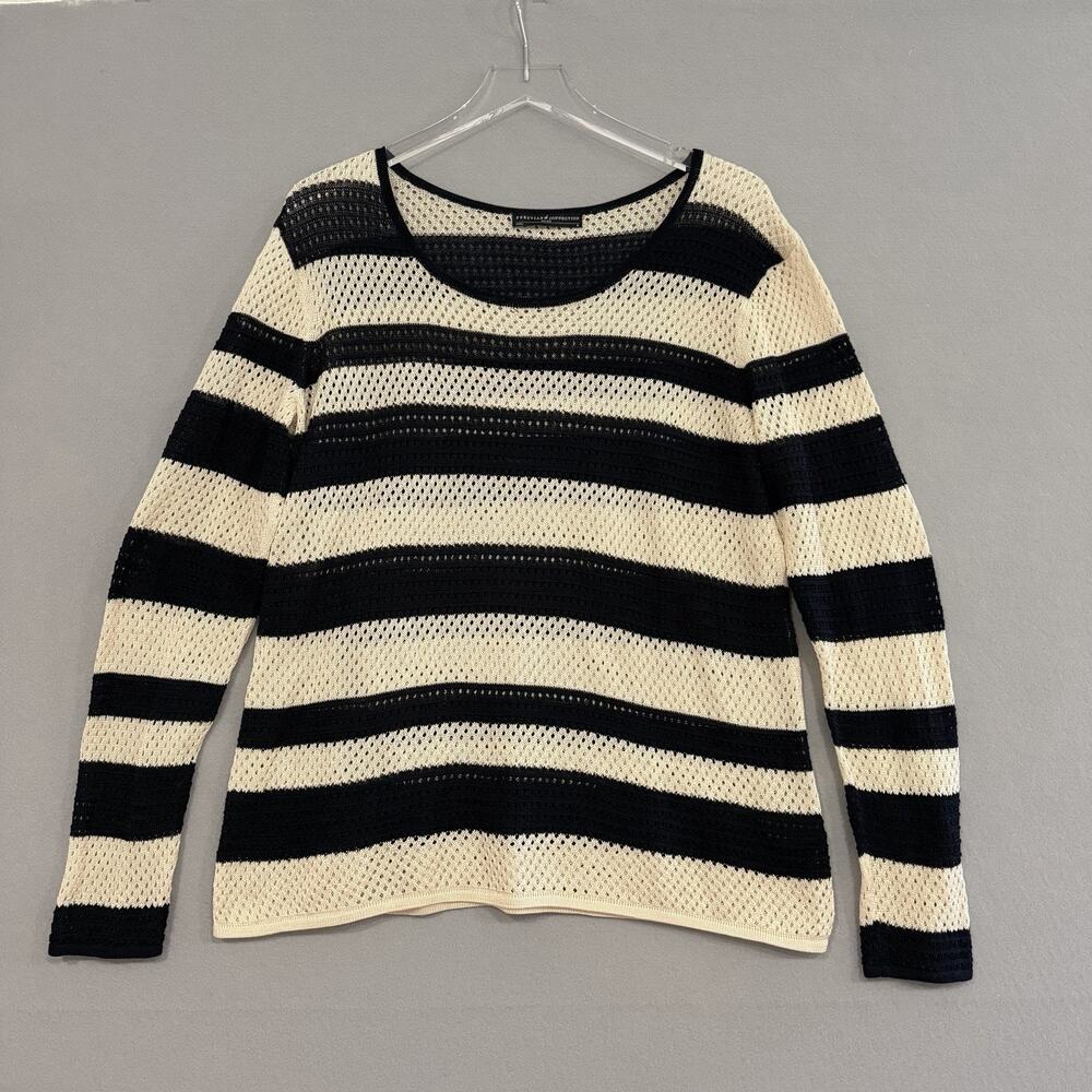 Peruvian Connection Open Knit Sweater Top Women's Medium Navy/Beige Pima Cotton